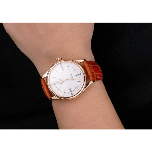 Swiss Rolex Cellini White Dial Roman Numerals Rose Gold Case Light Brown Leather Strap