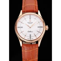 Swiss Rolex Cellini White Dial Roman Numerals Rose Gold Case Light Brown Leather Strap