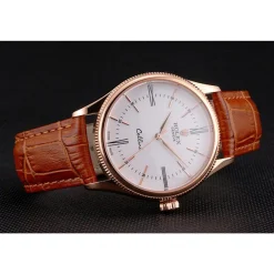 Swiss Rolex Cellini White Dial Roman Numerals Rose Gold Case Light Brown Leather Strap