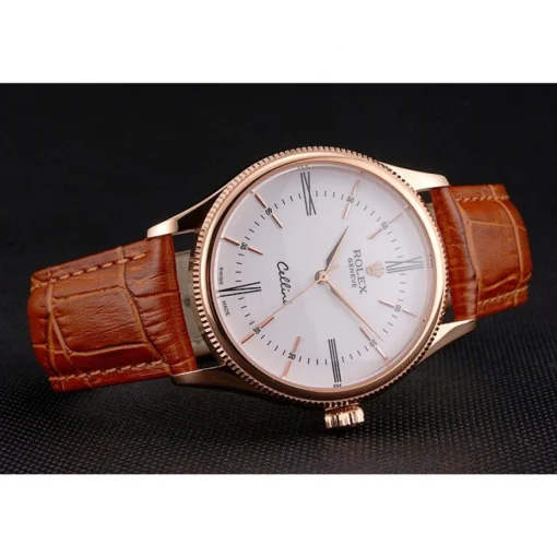 Swiss Rolex Cellini White Dial Roman Numerals Rose Gold Case Light Brown Leather Strap