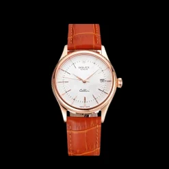 Swiss Rolex Cellini White Dial Roman Numerals Rose Gold Case Light Brown Leather Strap