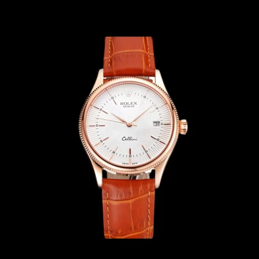 Swiss Rolex Cellini White Dial Roman Numerals Rose Gold Case Light Brown Leather Strap