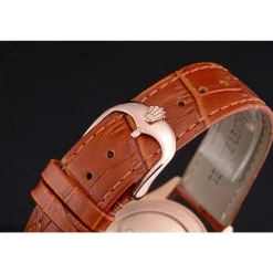Swiss Rolex Cellini White Dial Roman Numerals Rose Gold Case Light Brown Leather Strap