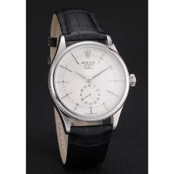 Swiss Rolex Cellini White Dial Stainless Steel Case Black Leather Strap