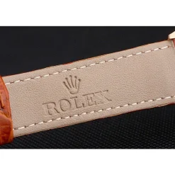Swiss Rolex Cellini White Dial Roman Numerals Rose Gold Case Light Brown Leather Strap