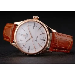 Swiss Rolex Cellini White Dial Roman Numerals Rose Gold Case Light Brown Leather Strap