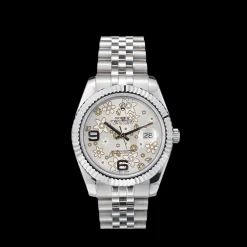 Swiss Rolex DateJust Stainless Steel Ribbed Bezel Flower Silver Dial 42001