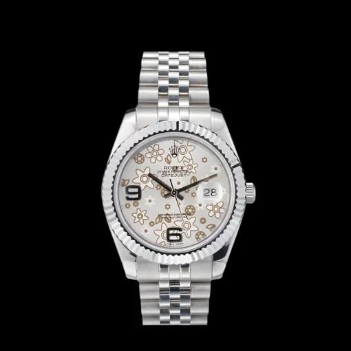Swiss Rolex DateJust Stainless Steel Ribbed Bezel Flower Silver Dial 42001