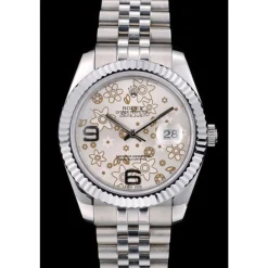 Swiss Rolex DateJust Stainless Steel Ribbed Bezel Flower Silver Dial 42001