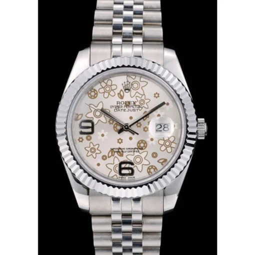 Swiss Rolex DateJust Stainless Steel Ribbed Bezel Flower Silver Dial 42001