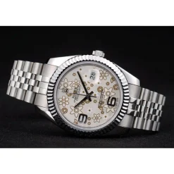 Swiss Rolex DateJust Stainless Steel Ribbed Bezel Flower Silver Dial 42001