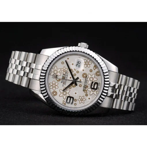 Swiss Rolex DateJust Stainless Steel Ribbed Bezel Flower Silver Dial 42001