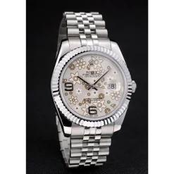 Swiss Rolex DateJust Stainless Steel Ribbed Bezel Flower Silver Dial 42001