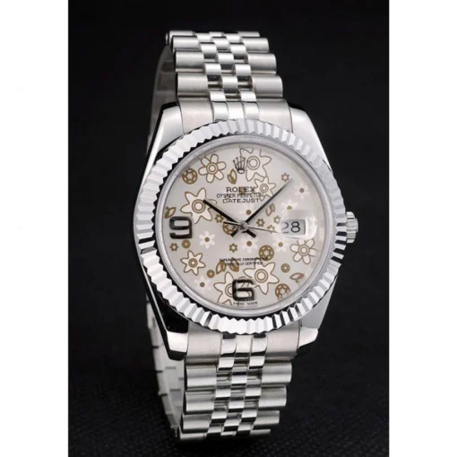 Swiss Rolex DateJust Stainless Steel Ribbed Bezel Flower Silver Dial 42001