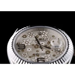 Swiss Rolex DateJust Stainless Steel Ribbed Bezel Flower Silver Dial 42001