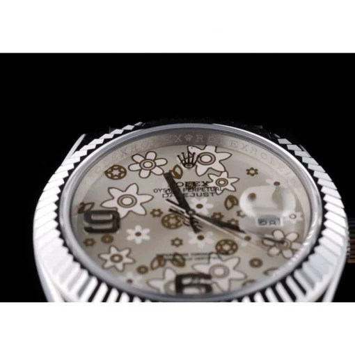 Swiss Rolex DateJust Stainless Steel Ribbed Bezel Flower Silver Dial 42001
