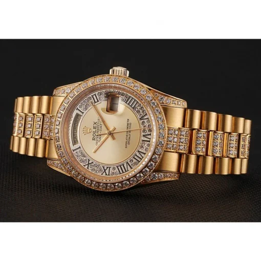 Swiss Rolex Day-Date Diamond Pave Gold Dial Gold Diamond Bracelet 1453954