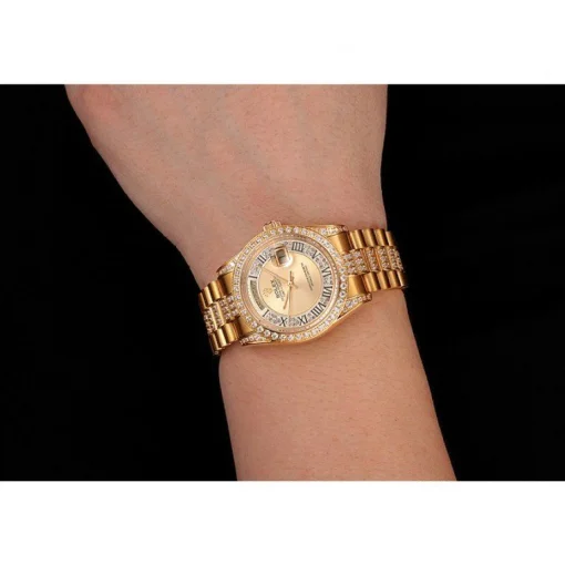 Swiss Rolex Day-Date Diamond Pave Gold Dial Gold Diamond Bracelet 1453954