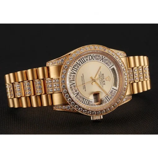 Swiss Rolex Day-Date Diamond Pave Gold Dial Gold Diamond Bracelet 1453954
