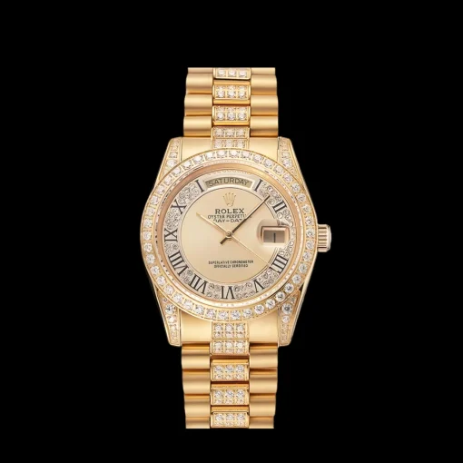 Swiss Rolex Day-Date Diamond Pave Gold Dial Gold Diamond Bracelet 1453954