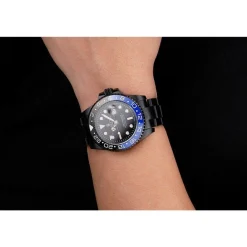 Swiss Rolex GMT Master II Black Dial Blue And Black Bezel Black PVD Case And Bracelet PR18239