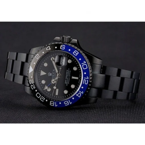 Swiss Rolex GMT Master II Black Dial Blue And Black Bezel Black PVD Case And Bracelet PR18239