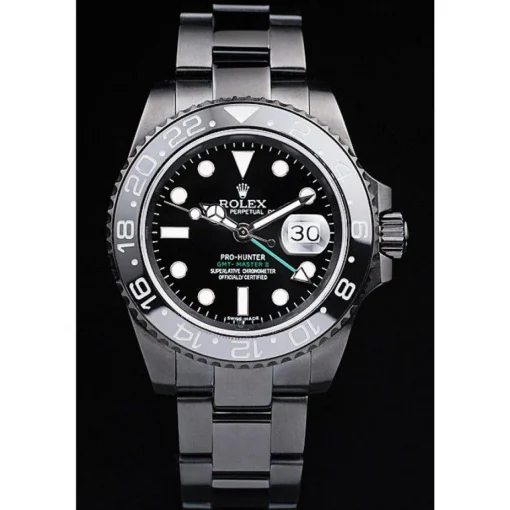 Swiss Rolex GMT Master II Pro-Hunter Black Steel Strap Black Dial