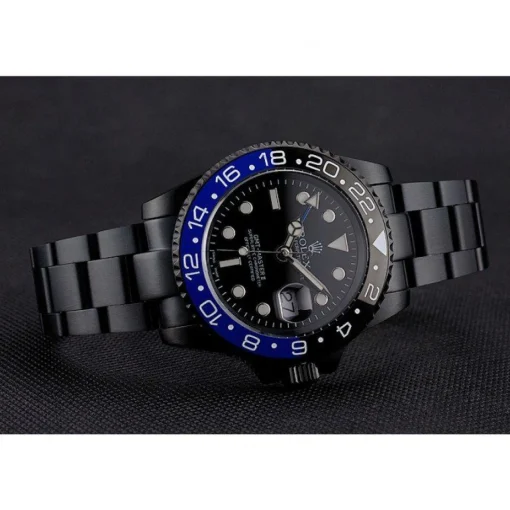Swiss Rolex GMT Master II Black Dial Blue And Black Bezel Black PVD Case And Bracelet PR18239